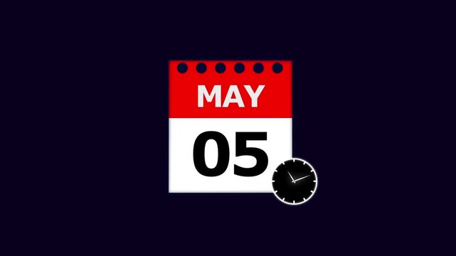 Year 05 May graphic Infrared calendar in futuristic and tech glowing, Calendar appearing with the date May 05,chroma key ,calendar icon monthly Clock countdown timer icon 4k video.
