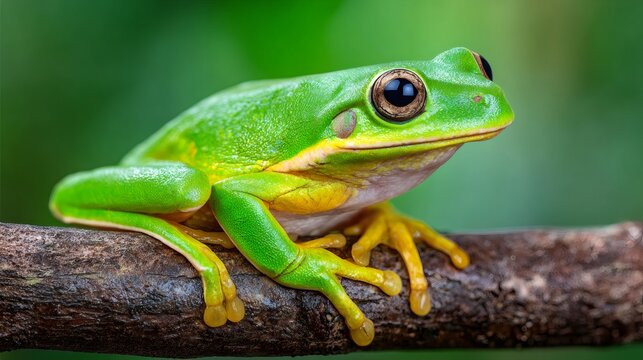 Green tree frog sitting on a branch