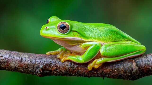 Green tree frog perching on a brown branch - Powered by Adobe