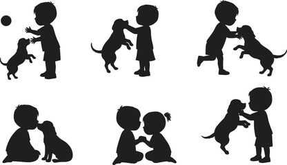 Silhouette of kids playing with dogs, friendship, love, child and pet interaction, cute animal moments, childhood bond, family affection illustration