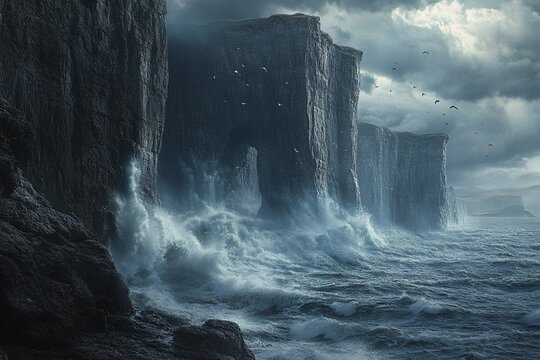 Powerful waves crashing against tall cliffs - Powered by Adobe