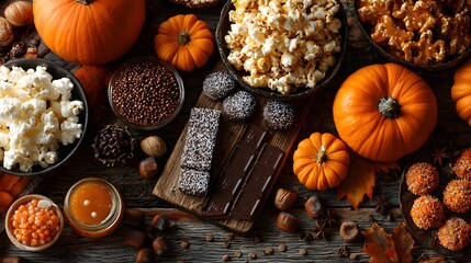 Halloween flat lay background  with candies, pumpkins and corns