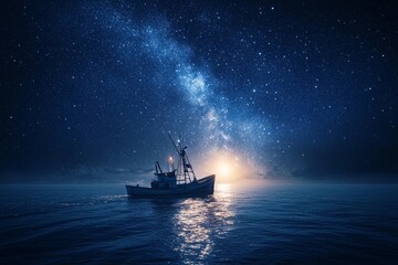 Obraz premium Fishing boat floating peacefully beneath star-filled sky