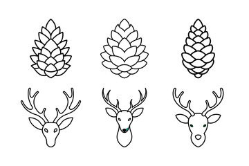Line Art Illustrations of Pine Cones and Deer Heads