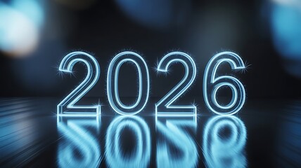 Neon blue 2026 numbers with reflection on a dark surface