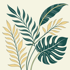 Assorted Tropical Leaves in Gold and Teal on Cream Background