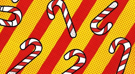 A vibrant and festive pattern featuring classic red and white striped candy canes arranged randomly against a bold yellow background with a red halftone dot pattern