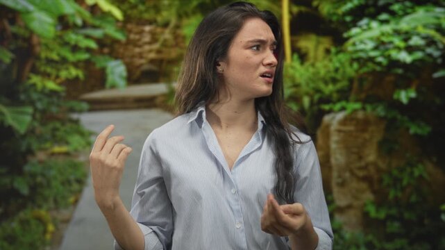Young hispanic woman scrunches nose and raises hand in lush green park near a stone pathway wearing striped shirt sleeves rolled up; disgust.