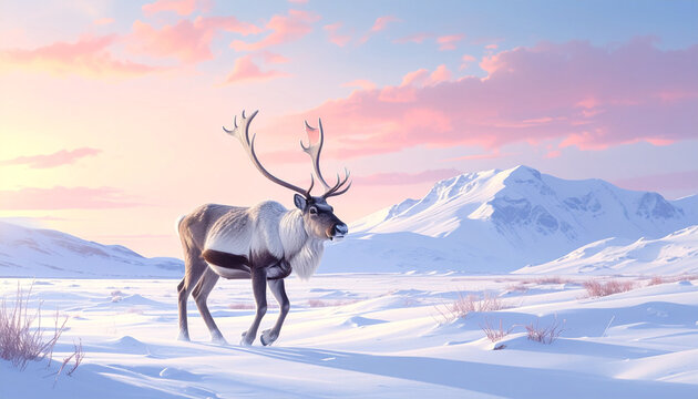 Reindeer walking across snowy tundra, soft pastel sky, wide landscape. - Powered by Adobe