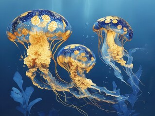 Colorful jellyfish gracefully swimming in blue ocean depths.