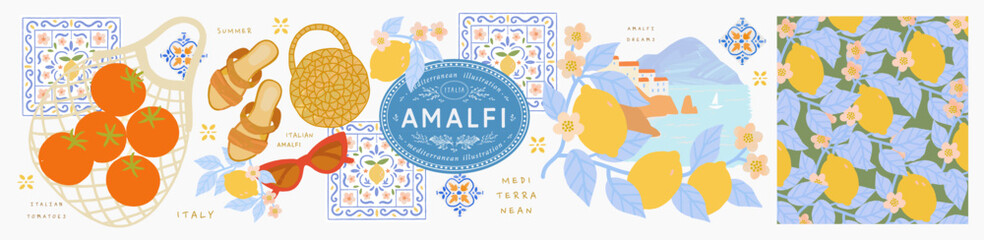 Obraz na płótnie Canvas Amalfi. Vector summer mediterranean illustrations of italian coast, lemons, pattern, tomato in wicker string bag, tile, ceramics, sandals with bag and sunglasses for postcard, poster or background