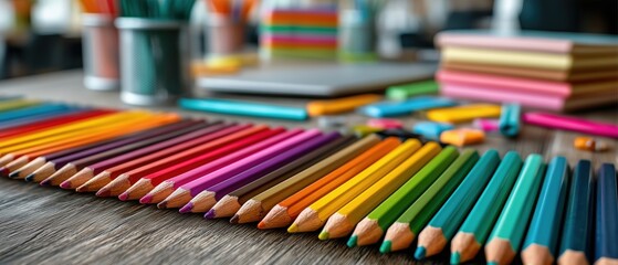Colorful pencils and stationery arranged on a creative workspace.