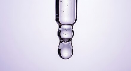 A macro shot focusing on a glass dropper with a clear liquid droplet about to fall. The background is a soft gradient of white to pale purple, evoking a clean and