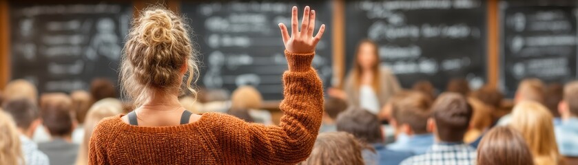 Student raising hand in a classroom setting for discussion.