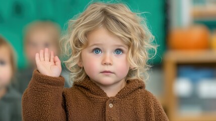 Child raising hand in a classroom setting.