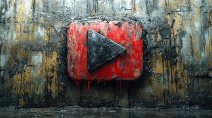 Rusty play button on grunge wall