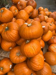 Pile of bright orange pumpkins stacked on wooden pallets at a market. Vibrant autumn harvest scene perfect for seasonal, Thanksgiving, or Halloween-themed designs and backgrounds