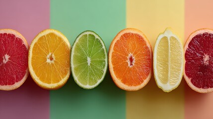 Vibrant and Fresh Citrus Fruits Collection Featuring Colorful Slices of Orange Lemon Lime Grapefruit and Pomelo for Healthy Diet and Natural Food Display