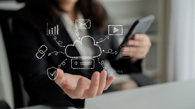 A hand drawn doodle of a cloud computing services ecosystem. A creative sketch of a network for data storage, sharing, and online applications. Motif