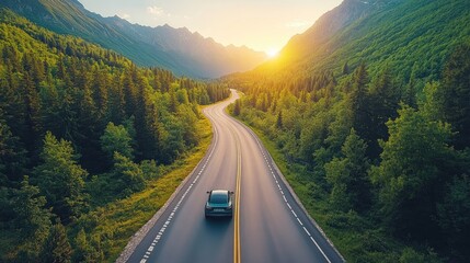 Scenic road winds through lush mountain valley at sunset