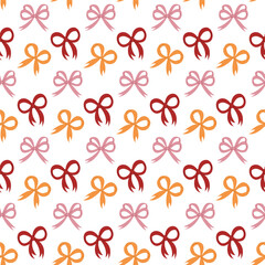 Pattern of colorful ribbon bowknots. Vector seamless background of cute bows for birthday, anniversary, Valentine`s day, Christmas. Perfect for fabric, textile, wallpaper, decor, print, packaging.