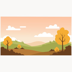 Creative design vector art of autumn landscape with rolling hills, trees, and clouds under a warm, gradient sky