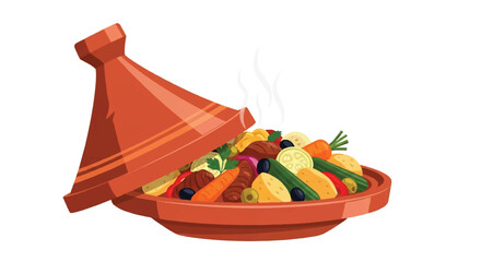 Traditional Moroccan Tagine dish with assorted vegetables and meat, steaming hot and ready to be served, illustration of rich cuisine