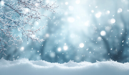 Winter landscape with snow-covered branches snowdrifts and bokeh lights creating a magical and festive atmosphere for seasonal designs