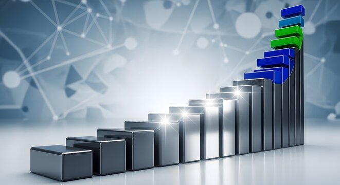 A 3D bar chart illustrates financial growth with ascending metallic bars and vibrant colored tops, set against a futuristic, glowing network background