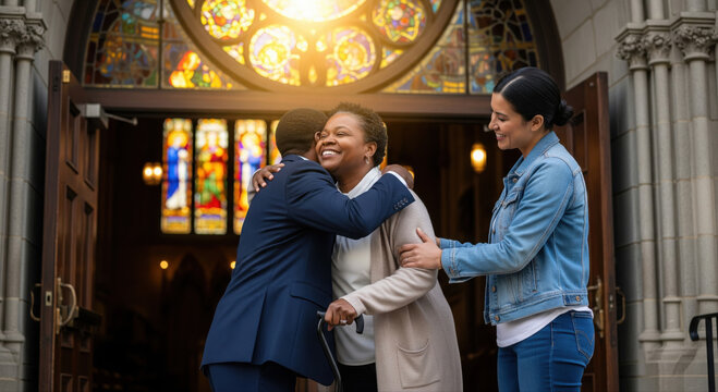 Smiling older Black woman using a cane embraces a man outside a sunlit church as a younger woman stands beside them, surrounded by stained glass and warmth &mdash; symbolizing community, support, hope.