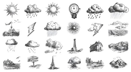 Obraz premium Assorted weather and landscape sketches including sun clouds lightning and various structures drawn in ink