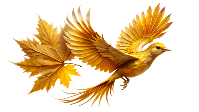 Autumn Leaf Transforming into Golden Bird in Mid Flight