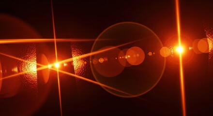 Warm orange and red lens flares on dark background, glowing orbs and refractions like sunset through glass, cinematic light streaks, artistic abstract lighting, high contrast dark aesthetic 