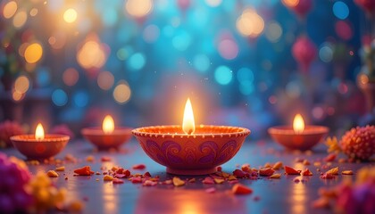 Decorated oil lamp mockup with petals and glowing festive lights