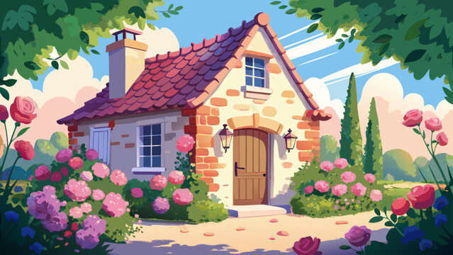 Charming French countryside cottage with rose vines climbing the walls, soft sunlight glow, dreamy vector composition, spring flowers in full bloom, pure white background elegance.