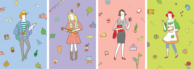 Illustrations of women in various professions, including musicians, chefs, travelers, and career-oriented professionals.