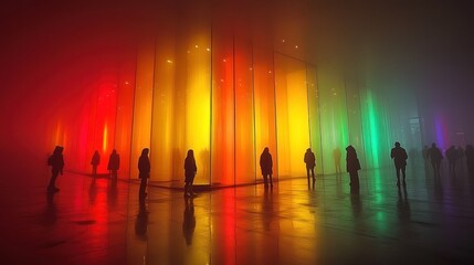 Fototapeta premium Silhouetted figures in colorful fog, architectural structure