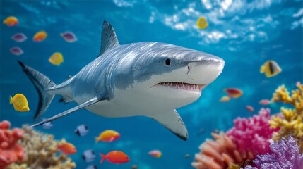 Shark is swimming in a coral reef with many fish. The shark is the main focus of the image, and the fish are scattered around it. The colors of the fish and coral create a vibrant and lively scene