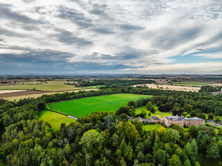 Paxton House over River Tweed from a drone, Paxton, Berwick-upon-Tweed, Berwickshire, Scotland, UK