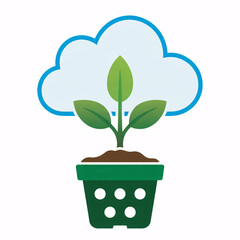 Fototapeta premium Green plant growing in pot under a bright cloud symbolizing growth, innovation, and digital future