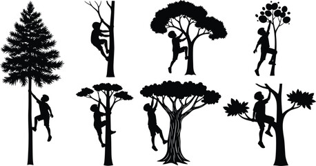 Silhouette of children climbing trees, outdoor play, adventure activity, childhood fun, forest exploration, nature learning, and healthy physical development