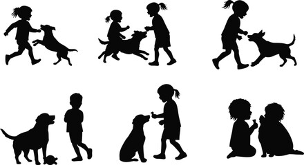 Silhouette of children playing with dogs, outdoor fun, friendship, pet care, happy kids and animals, childhood joy, family love illustration