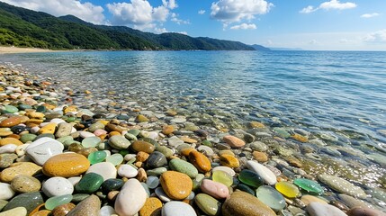 Smooth colorful pebbles on a seaside shore with clear waves washing the stones. Distant mountains and green hills, blue sky with clouds. Bright summer travel landscape.