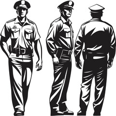 Three stylized monochrome depictions present a policeman showcasing front, side, and rear perspectives