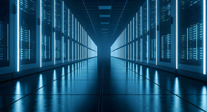 Hyperscale Data Center Aisle Symmetrical View of Server Racks Glowing with Neon Blue Light Digital Backbone Futuristic Server Room Corridor with Reflective Floor and Infinite Perspective