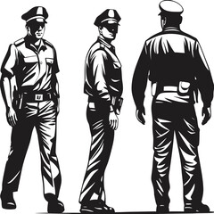 Three monochrome policemen stand showing front, side, and back poses in uniform