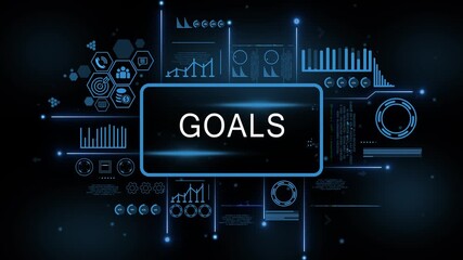 Digital Goals interface with data analytics charts graphs and icons for business technology and finance concepts. 4k motion video. isolated on black background. - Powered by Adobe