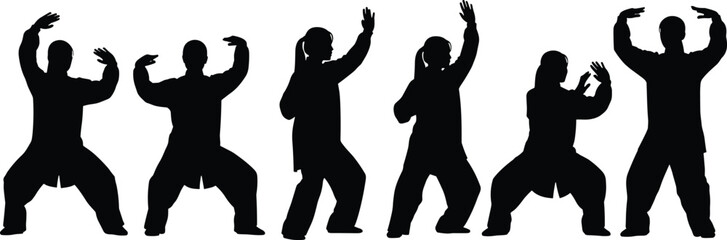 Silhouette of people practicing tai chi poses, martial arts balance exercise, traditional movement meditation, fitness training illustration, calm body control