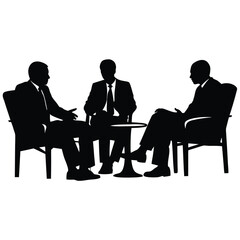 Three businessmen in suits are having discussion over a small round table