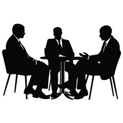 Three silhouetted businessmen sitting at a round table discuss strategies during their important meeting